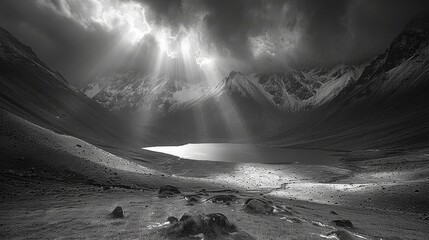 a black and white photo of a mountain range with a lake in the foreground and clouds in the background.