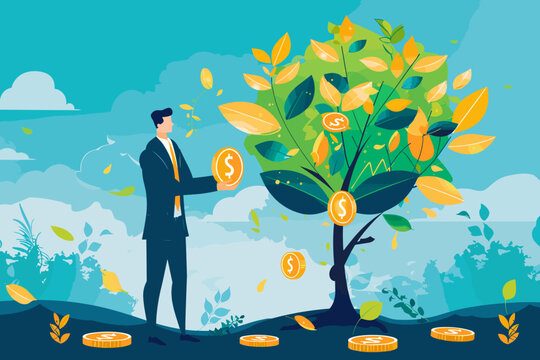 Cultivating financial growth through investment: Businessman nurtures money tree, symbolizing profitable ventures, shareholder value, and long-term success