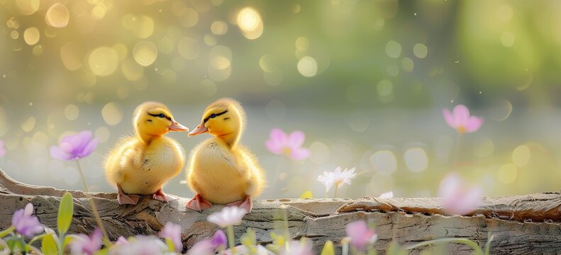 Easter background: Two yellow fluffy ducklings sitting on a log in a spring garden with blooming flowers