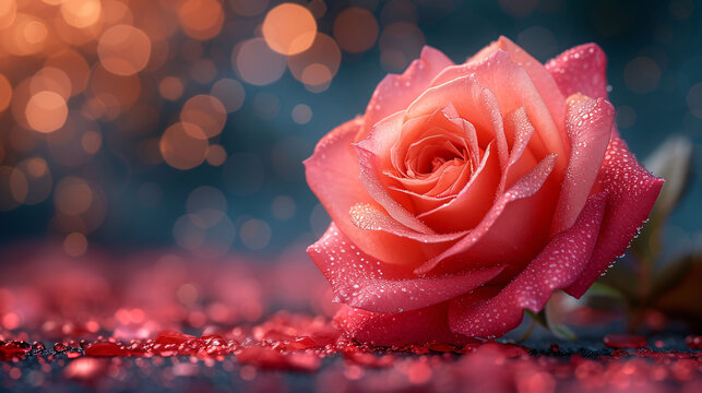 Pink rose on surface with bright pink petals and defocused rose gold background