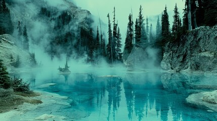 a body of water surrounded by trees in the middle of a forest with steam rising from the water and steam rising from the water.