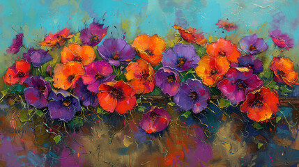 a painting of orange and purple flowers in a vase on a table with a blue back ground and a blue sky in the background.