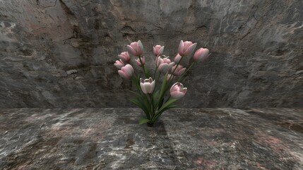 a vase filled with pink tulips sitting on top of a stone floor next to a large rock wall.