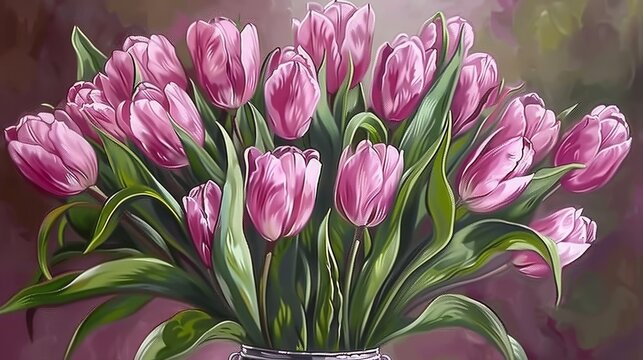 a painting of a bouquet of pink tulips in a white vase on a pink and purple background with green leaves.