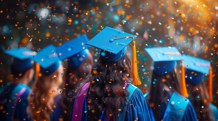 Group of cheerful students wearing and throwing graduation caps