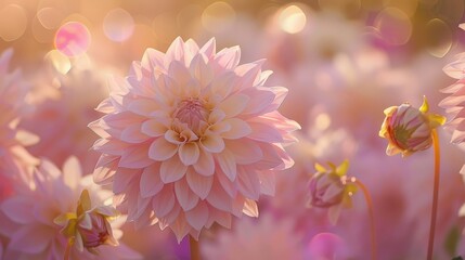 a close up of a pink flower in a field of flowers with blurry boke of light in the background.