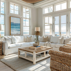 Coastal-themed living room with a white linen sectional, rattan accent chairs, and a driftwood coffee table. - obrazy, fototapety, plakaty