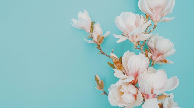 a bunch of pink flowers on a blue background with a place for a text on the bottom of the picture.