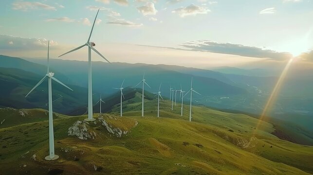 a group of windmills on top of a grassy hill with a sun in the sky over the hills behind them.