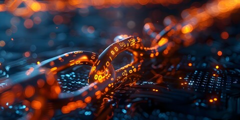 Closeup of Illuminated Digital Blockchain Links on Dark Background Representing Secure Data Transfer Encryption. Concept Technology, Blockchain, Digital Security, Encryption, Data Transfer - obrazy, fototapety, plakaty