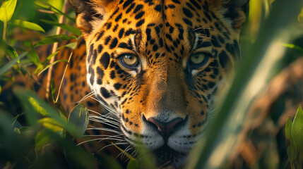 Close-up of beautiful Amazon jaguar in the jungle. Amazing rainforest Wildlife.