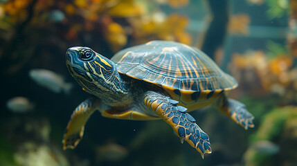 Close-up of beautiful Amazon Turtle in a body of water. Amazing rainforest Wildlife.