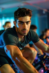 Focused Man Exercising on a Cycling Machine at the Gym
