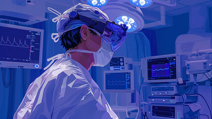 medical professional wearing virtual reality glasses with a futuristic operating room background