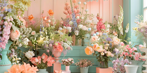 Fototapeta na wymiar Garden party-inspired product display with floral arrangements, pastel colors, and whimsical garden decor 