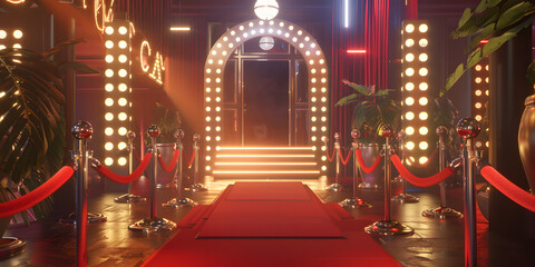 Glamorous Hollywood-style product presentation with velvet ropes, red carpets, and paparazzi flashbulbs