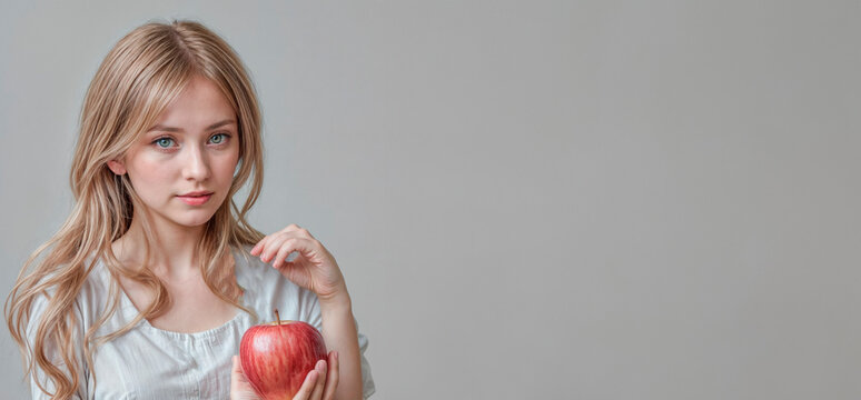 Portrait of a beautiful girl with red apple on a gray background