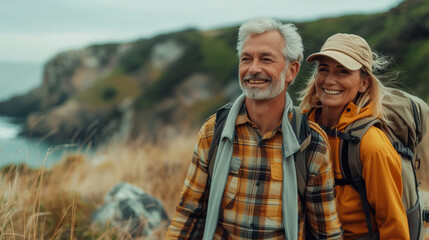 Coastal Cliffside Journey: Senior Couple Hiking with Ocean View