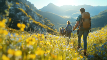 Fototapeta na wymiar Golden Hour Trekking: Group of Friends Enjoying a Mountain Hike Amongst Wildflowers
