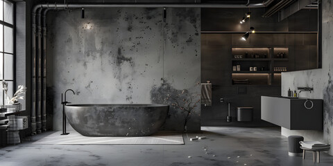 Industrial chic product display with rough concrete surfaces, exposed pipes, and minimalist decor, creating a stylish and edgy atmosphere  - obrazy, fototapety, plakaty