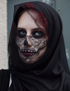 Halloween Portrait of a woman with a black goth veil and skull makeup on her face.