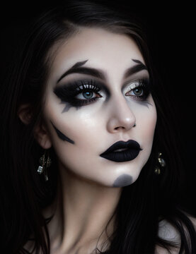 A woman with black and white halloween makeup on her face.