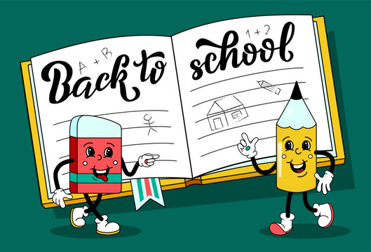 Comic flat yellow Pencil and red Eraser with face at school notebook. Vector cartoon stationery illustration with Back To School lettering. Vintage image of cute school characters for poster or banner