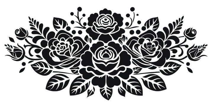 Retro old school roses for chicano tattoo outline. Monochrome line art, ink tattoo. Intricate floral design featuring a stylized black rose with leaves