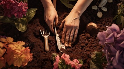 A photo from first person tending to a garden, planting new flowers and vegetables showing hands digging into soil with a trowel
 - obrazy, fototapety, plakaty