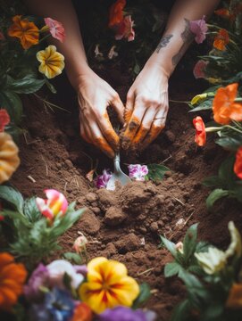 A photo from first person tending to a garden, planting new flowers and vegetables showing hands digging into soil with a trowel
