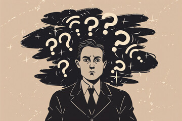 Vintage illustration of a perplexed man with question marks