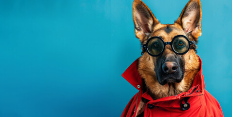 german shepherd with red coat and  glasses  - obrazy, fototapety, plakaty