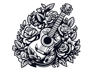 Retro old school chicano tattoo outline. Monochrome line art, ink tattoo. Stylized vector illustration of an acoustic guitar surrounded by rose flowers
