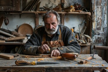 a worker, a carpenter in the workshop at work, a lot of tools