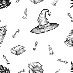Vector seamless pattern with magical elements such as hat, owl, books, mushrooms, fern, owl. Can be used to design packaging paper, textiles, etc.