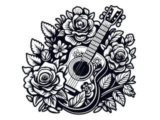 Retro old school guitar, roses for chicano tattoo outline. Monochrome line art, ink tattoo. Black and white vector design with an acoustic guitar surrounded by rose blossoms