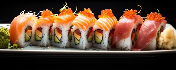 Sushi pieces on dark stone table in luxury reataurant, side view food banner. Generative Ai