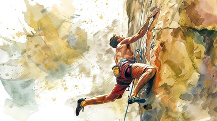 watercolor painting of a young man with a rope doing rock climbing on a rock.