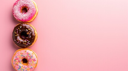 three donuts with sprinkles lined up in a row on a pink background with space for text.