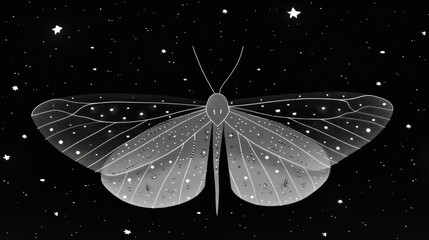 a black and white photo of a butterfly in the night sky with stars in the sky and stars in the background.
