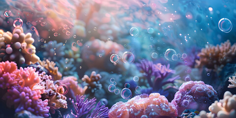 Underwater-themed product presentation with shimmering aquatic hues, coral reefs, and floating bubbles