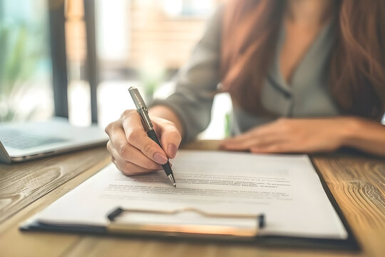 Close up focus of woman writing, female real estate agent selling apartment, offering to client, showing on camera, holding documents, contract, making purchase deal, real estate agent