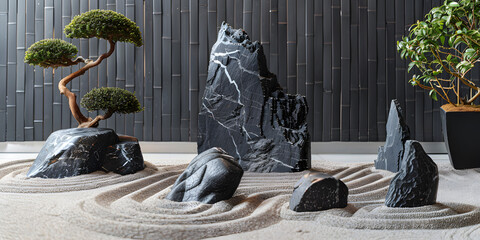 Zen garden-inspired product display with tranquil rock formations, raked sand, and bonsai trees - obrazy, fototapety, plakaty