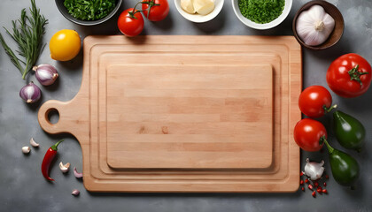 Composition with cutting board and ingredients for cooking on table. Top view with copy space