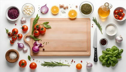Composition with cutting board and ingredients for cooking over white background. Top view with copy space