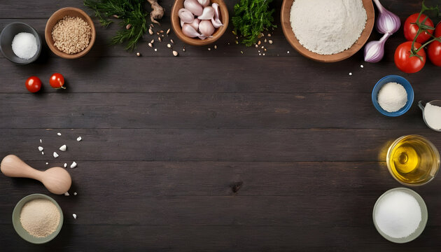 Composition with ingredients for cooking over wooden background. Top view with copy space