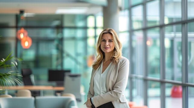 HR professional in a modern corporate office surrounded by glass walls and minimalist furniture.