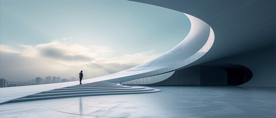 Futuristic cityscape with a person standing on a rooftop, looking out at the view.