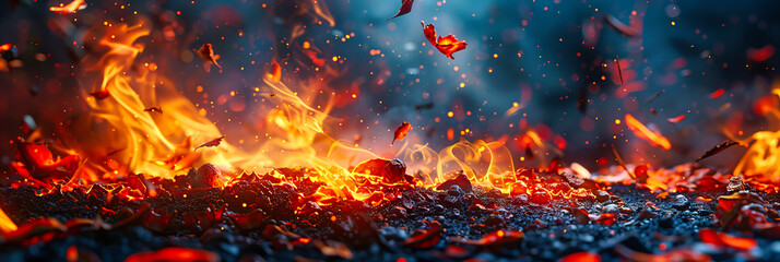 Intense Fire Burning Wood at Night, Dangerous Flames and Heat, Abstract Fire Background