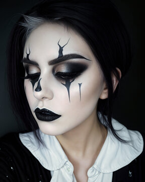 Portrait of a woman with black and white halloween makeup on her face.